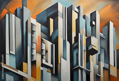 cubist style abstract painting of a modern urban city with geometric shapes and subdued colors
