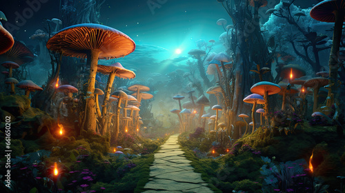 Fantasy enchanted fairy tale forest with magical Mushrooms, fairytale butterflies and huge moon. Mystical fly agarics glow in a mysterious forest. Magic light.