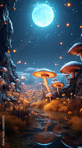 Fantasy enchanted fairy tale forest with magical Mushrooms, fairytale butterflies and huge moon. Mystical fly agarics glow in a mysterious forest. Magic light.