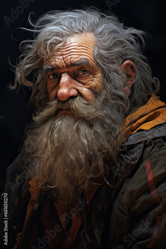 bearded portrait, dirty and scruffy looking old man with a long beard.