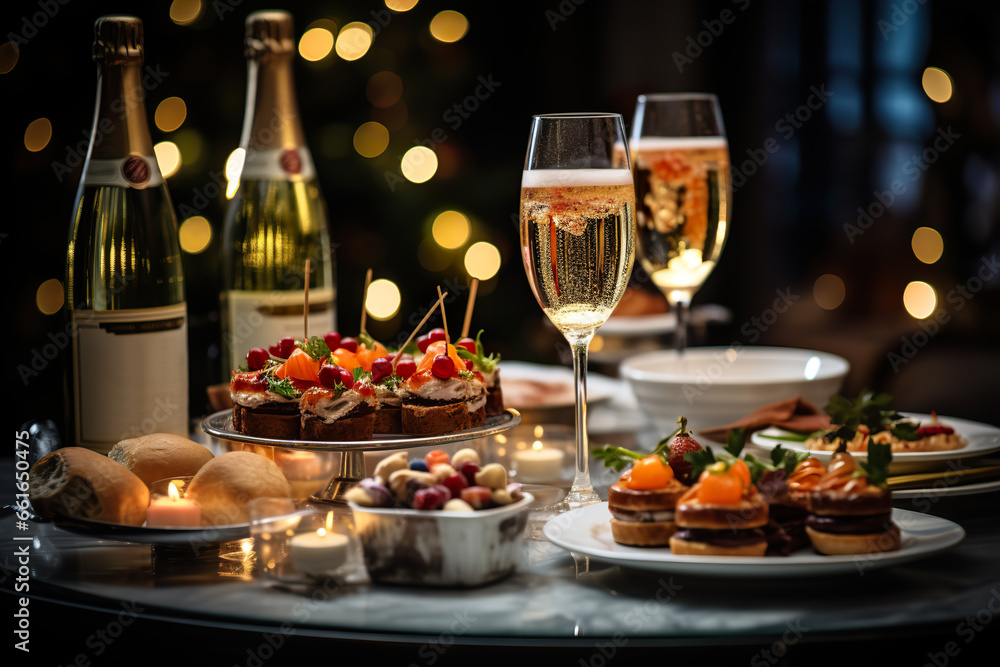 A New Year's Eve celebration spread, gourmet appetizers and sparkling champagne - obrazy, fototapety, plakaty 