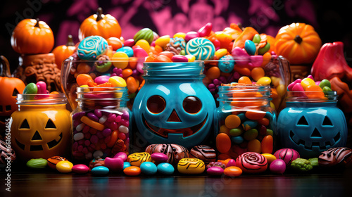 Bright illustration of candies on a colorful Halloween-style background. Generative AI © keks20034