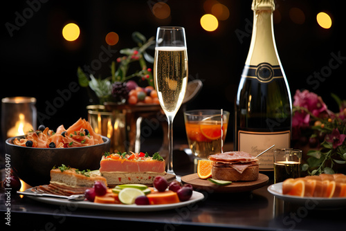 A New Year's Eve celebration spread, gourmet appetizers and sparkling champagne