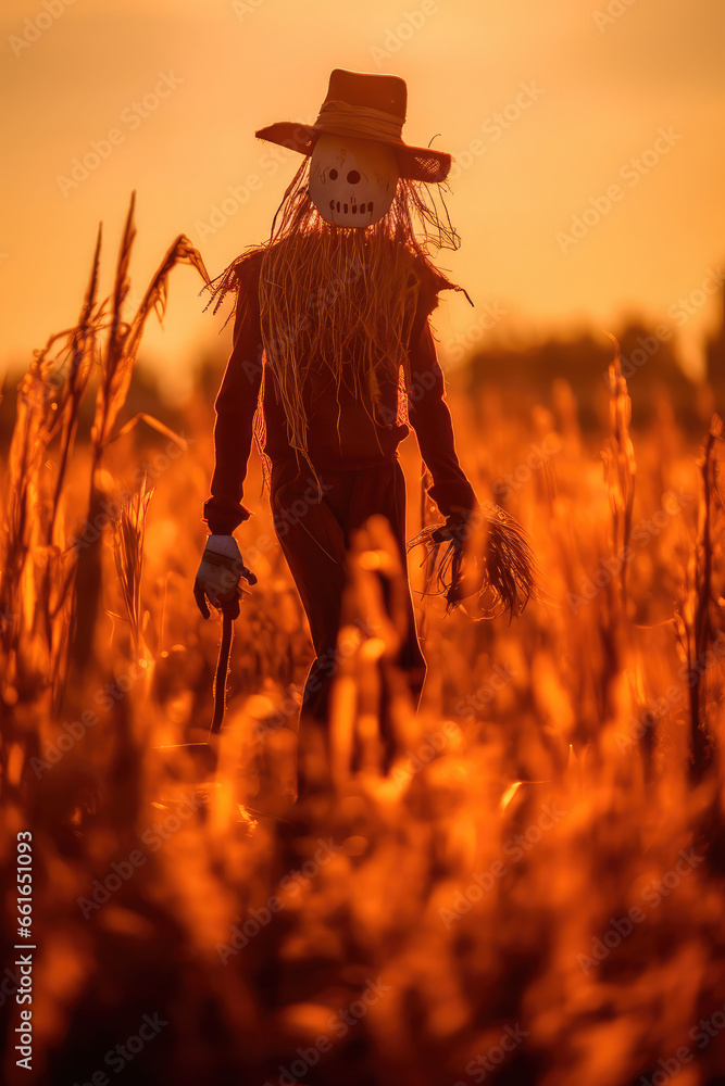 An illustration of a scarecrow bathing in the eerie light of a Halloween bonfire, casting long shadows on the tall grass of a field. Generative AI