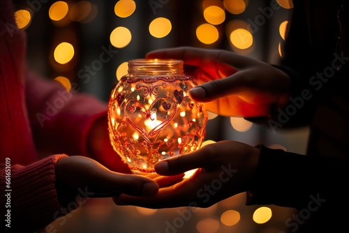 A pair of hands carefully placing a glowing tealight inside a transparent glass ornament