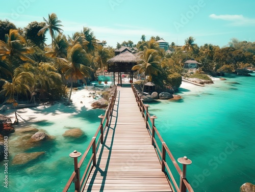 Aerial view of tropical coast at beach resort destination during summer vacation holidays with wooden pier and shallow sea water in the island bay, Generative AI photo