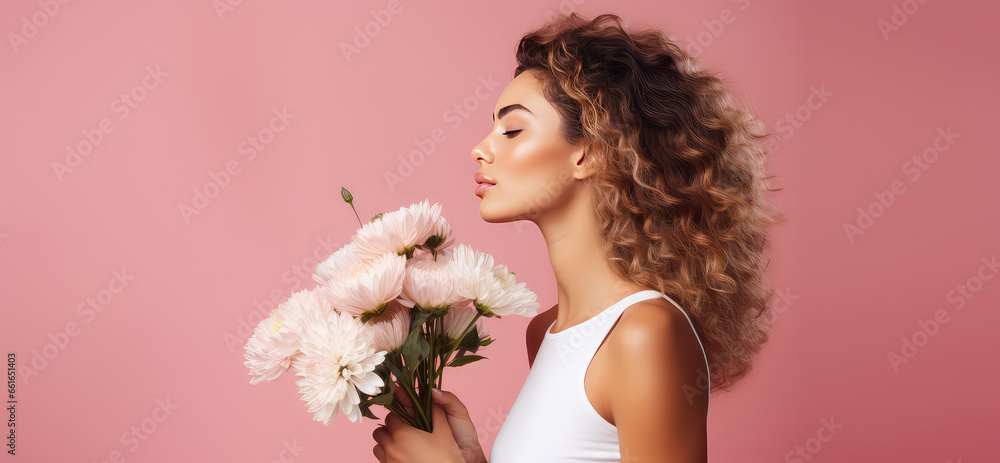 Portrait of a woman smelling flowers on flat pastel pink background with copy space for text, spring banner template. Bouquet gift, flower store. 