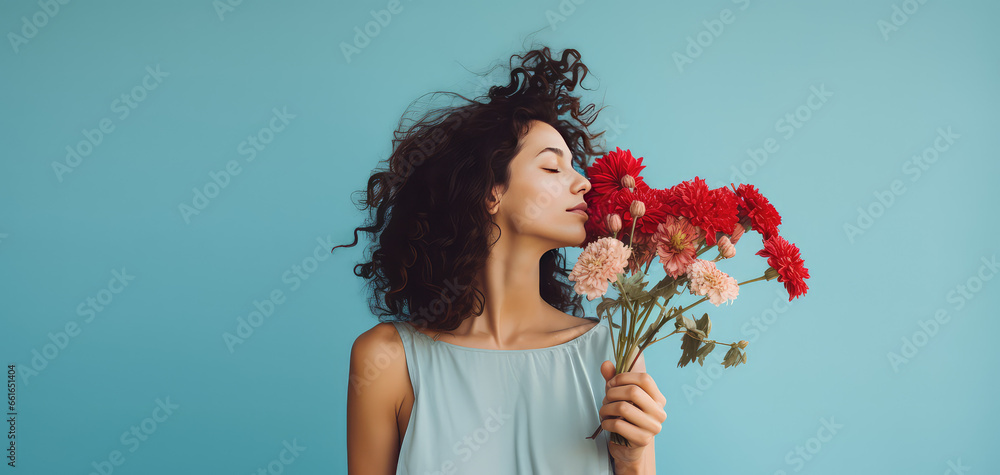 Portrait of a woman smelling flowers on flat pastel blue background with copy space for text, spring banner template. Bouquet gift, flower store.  - obrazy, fototapety, plakaty 