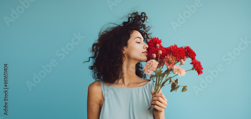 Portrait of a woman smelling flowers on flat pastel blue background with copy space for text, spring banner template. Bouquet gift, flower store. 