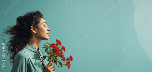 Portrait of a woman smelling flowers on flat pastel green background with copy space for text, spring banner template. Bouquet gift, flower store. 