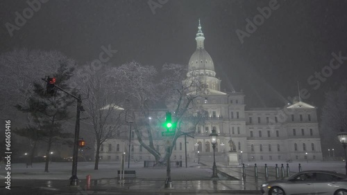 Snowy Lansing Michigan State Capitol at night photo