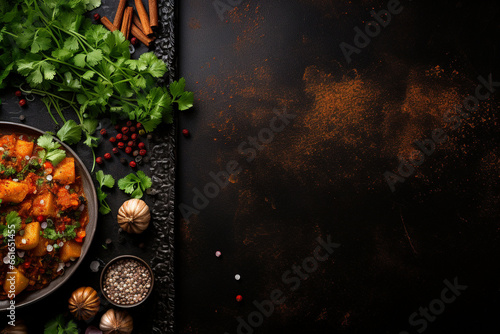 An elegant black textured background featuring a beautifully crafted Indian curry dish showcased on the left corner.