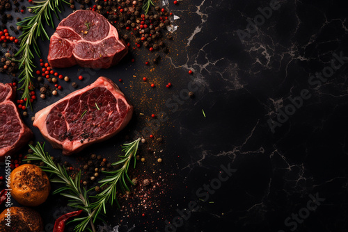 An opulent black textured background featuring an artistic display of succulent steak cuts on the right side.