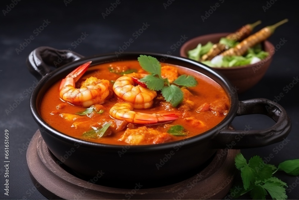 Indian food prawn curry masala with coriander, concept of Spicy cuisine