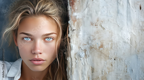 Young woman on the background of old cracked wall in cracks. Creative concept of dry skin and moisturizing cosmetics. 