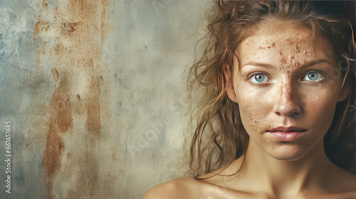 Young woman on the background of old cracked wall in cracks. Creative concept of dry skin and moisturizing cosmetics. 