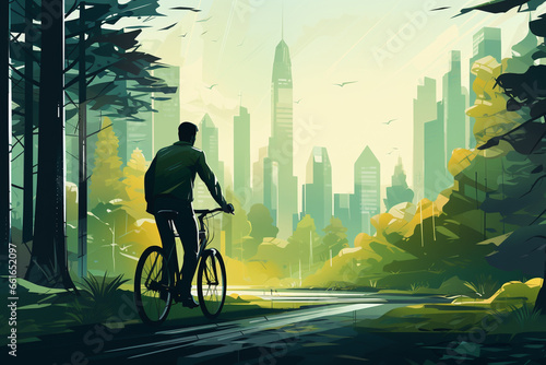 A visually striking background featuring a person cycling to work, showcasing the eco-friendly choice of sustainable transportation for reducing emissions. © Daria