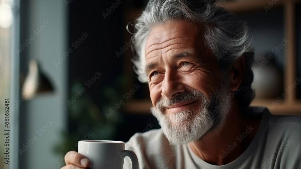 Head shot close up happy smiling mature man holding cup of tea or coffee
Head shot close up happy smiling mature man holding cup of tea or coffee