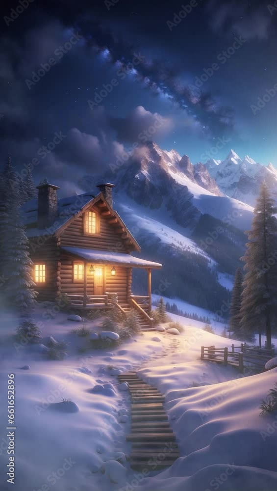 enchanting animation shows a house on a snow-covered mountain during Christmas. The starry sky with the Milky Way creates a magical atmosphere that encapsulates the spirit of the season. enchanting animation shows a house on a snow-covered mountain during Christmas. The starry sky with the Milky Way creates a magical atmosphere that encapsulates the spirit of the season.
