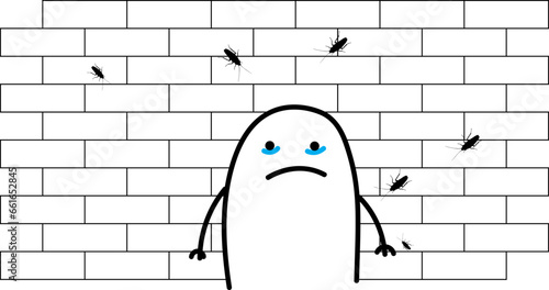 Thumb man.  Crying in front of a wall full of disgusting cockroaches. Charcter emotional. New set of characters in the style of meme flork.