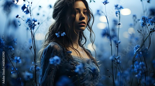 Ethereal woman in floral field at sunset, golden light enhancing beauty and surrounding nature.