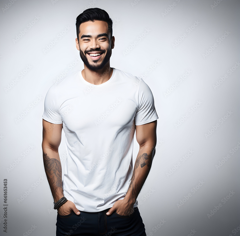 Fototapeta premium portrait of a happy man and white t shirt mock up, body of young man 