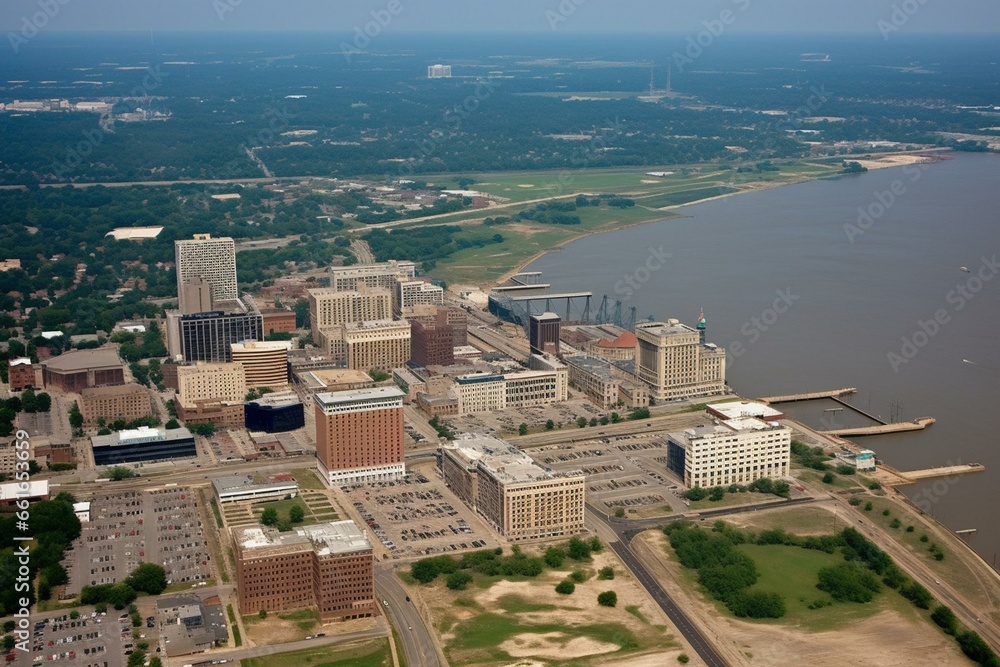 Aerial view of downtown Memphis, Tennessee skyline. Generative AI