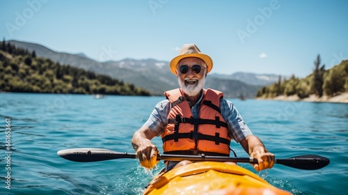 Senior Man Enjoying Kayaking on Lake  © Halim Karya Art