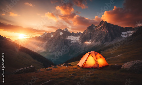 camping tent high in the mountains at sunset, creating a sense of peace, tranquility, and the beauty of nature in the twilight hours.