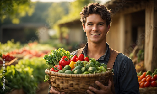 young farmer proudly holding fresh, organic vegetables, emphasizing the values of healthy living