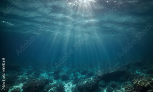 view from underwater  looking up at the dark blue ocean surface  conveying the serene beauty and vastness of the ocean depths.