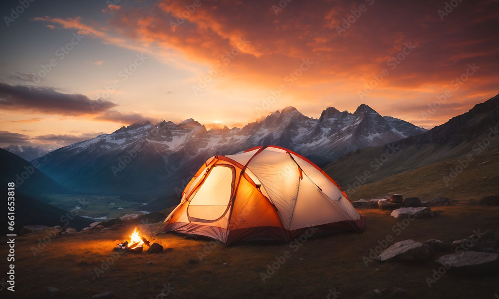 camping tent high in the mountains at sunset, creating a sense of peace, tranquility, and the beauty of nature in the twilight hours.