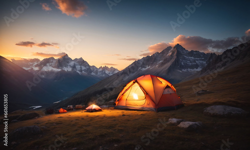 camping tent high in the mountains at sunset  creating a sense of peace  tranquility  and the beauty of nature in the twilight hours.