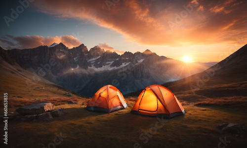 camping tent high in the mountains at sunset, creating a sense of peace, tranquility, and the beauty of nature in the twilight hours.
