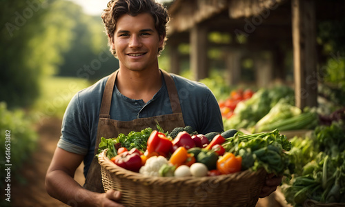 young farmer proudly holding fresh, organic vegetables, emphasizing the values of healthy living photo