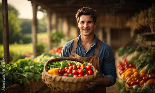 young farmer proudly holding fresh  organic vegetables  emphasizing the values of healthy living