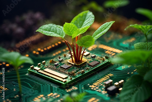 Fotografia the concept of nature emerging from a computer chip, signifying new life and an eco-friendly concept that combines technology with the natural world