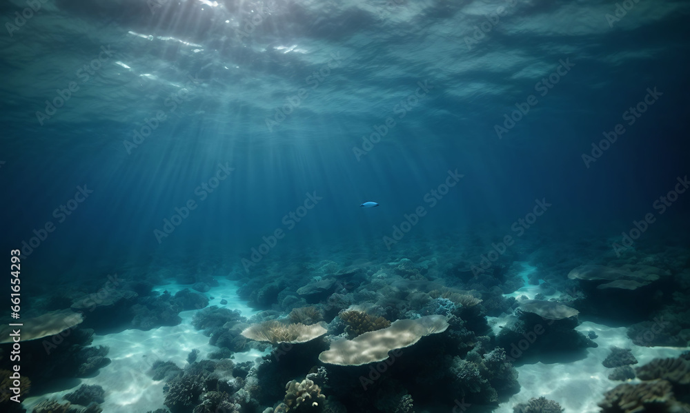 view from underwater, looking up at the dark blue ocean surface, conveying the serene beauty and vastness of the ocean depths.