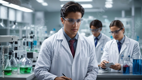 professional healthcare researchers working in a medical science and technology laboratory while conducting chemical experiments in a hospital setting.