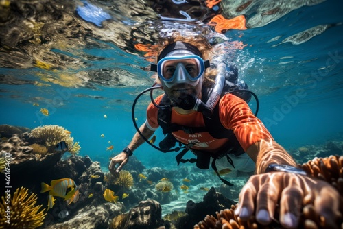 A captivating underwater photograph of a snorkeler swimming alongside a graceful sea turtle in a vibrant coral reef, highlighting the wonder and connection to marine life in outdoor water adventures