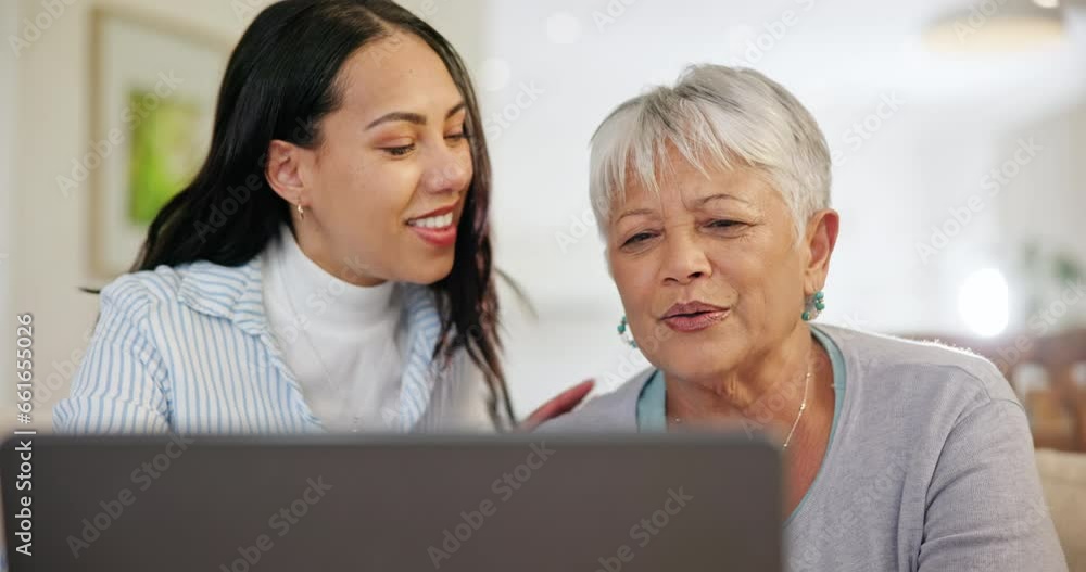 Woman, senior mom and learning with laptop support, family and online with typing, website and notification. Computer, mother and daughter with helping, teaching and click for email on sofa in home Woman, senior mom and learning with laptop support, family and online with typing, website and notification. Computer, mother and daughter with helping, teaching and click for email on sofa in home