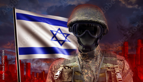 Israeli army. Soldier near national flag. Tsahal armed forces. Israeli defense forces. Man in military uniform. Concept Israel participation in armed conflict. Israeli soldier and red buildings