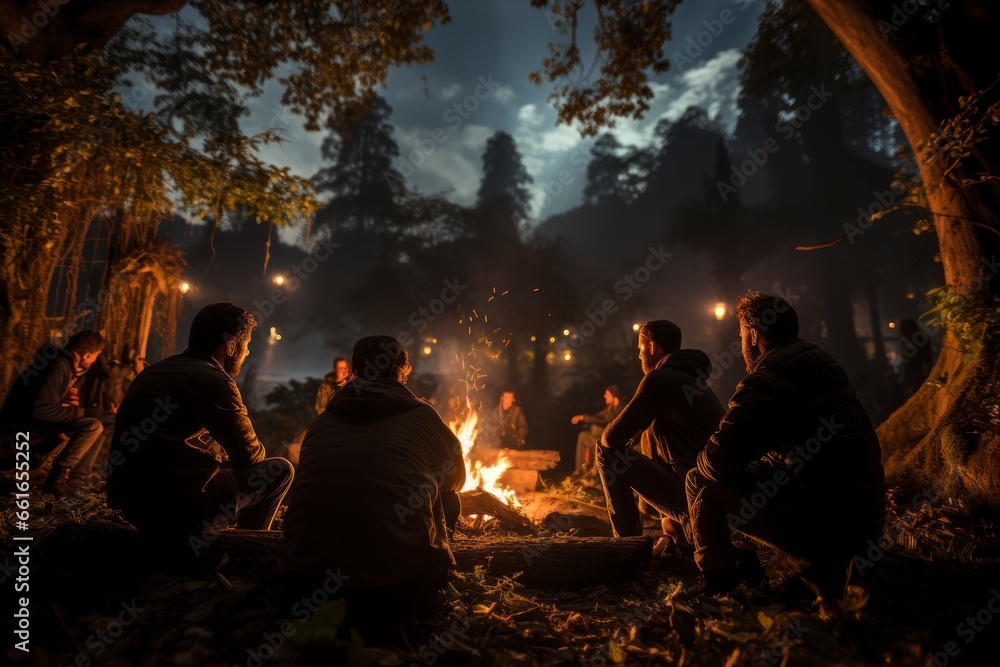 A group of friends gathered around a crackling campfire in the heart of a lush forest, under a starry night sky, enjoying the warmth and camaraderie of outdoor camping - obrazy, fototapety, plakaty 