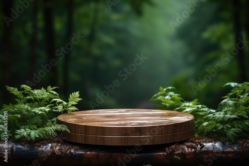 Table top wood counter floor podium in nature outdoors . Blurred green plant background. Natural product present placement pedestal stand display. © Vovmar