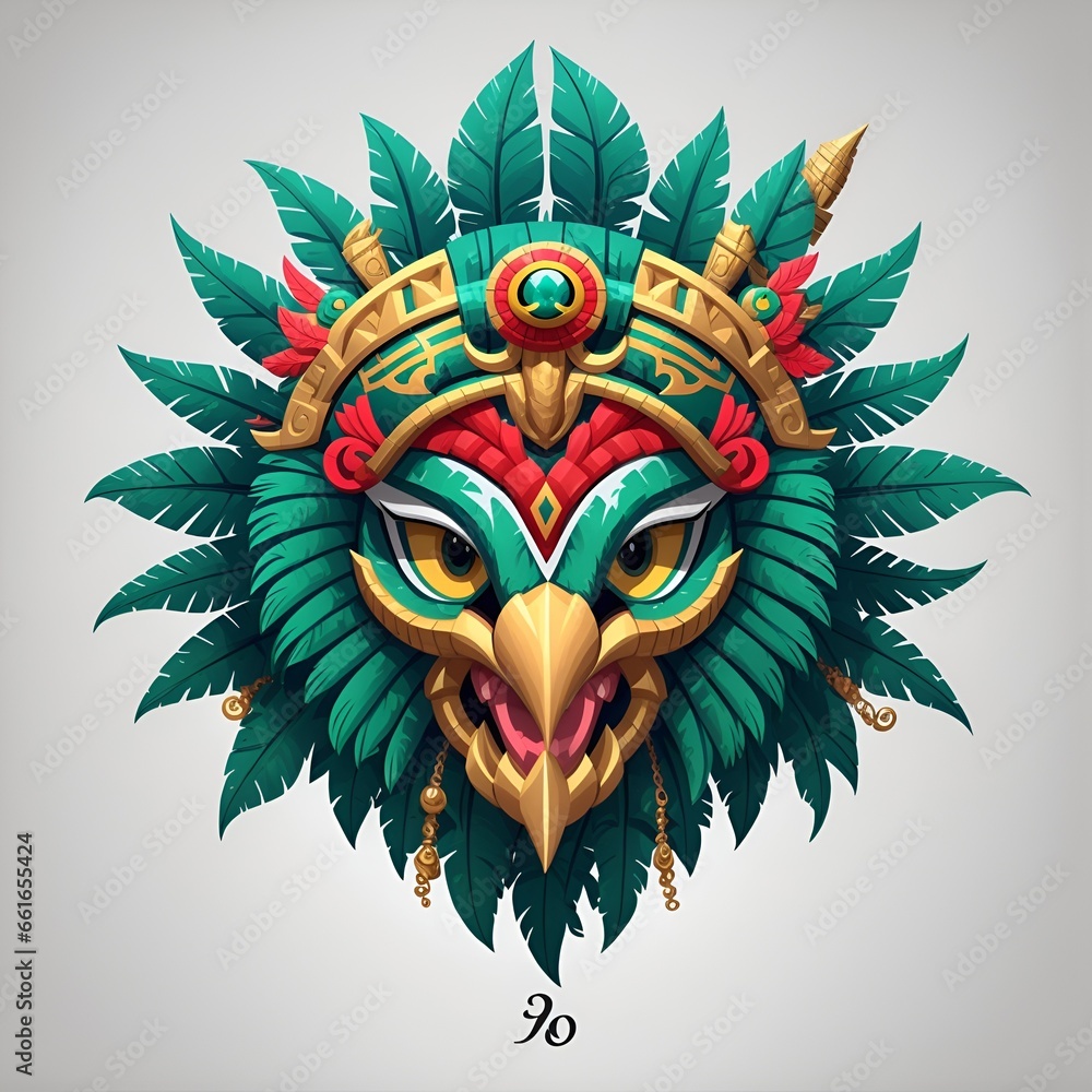 Hawk quetzalcoatl head, symmetrical, flat icon design, AI generated