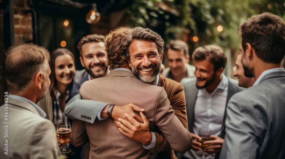Friends at a reunion sharing a group hug Friends at a reunion sharing a group hug