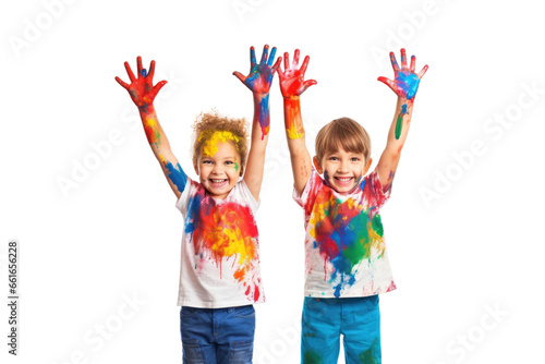 Children Embracing Painted Hands on isolated background