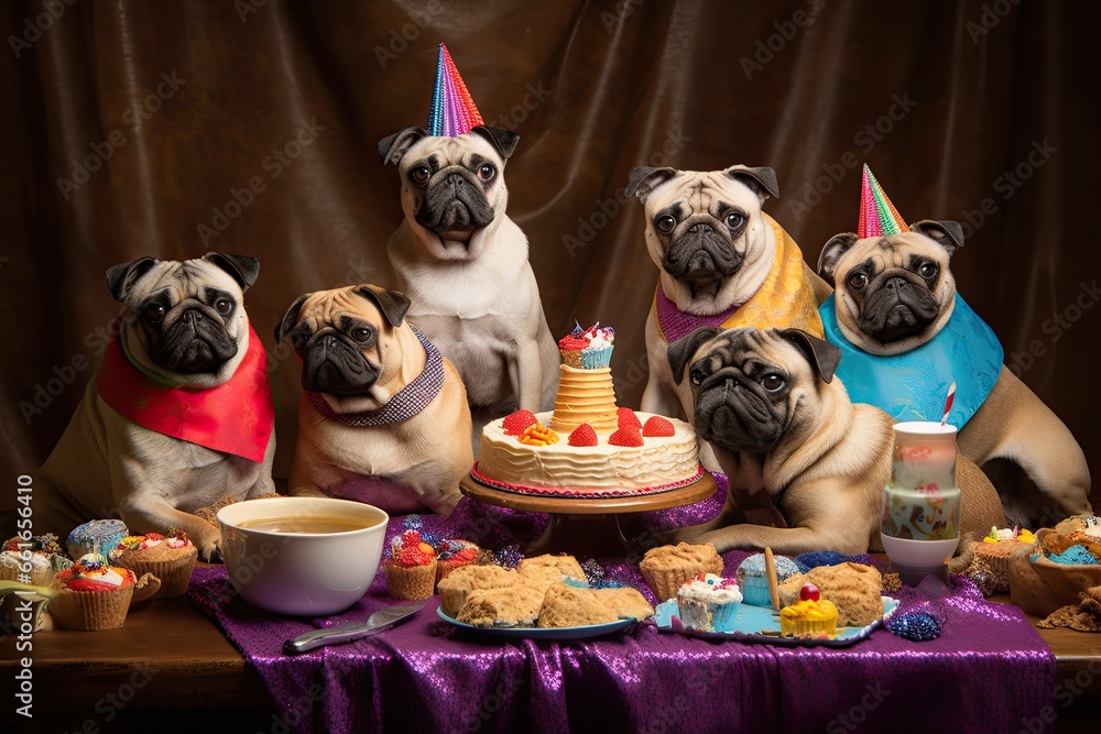 Pug-tastic Birthday Bash: Adorable Pugs Wearing Party Hats in a Lively Pug Happy Birthday Party Scene, generative AI
