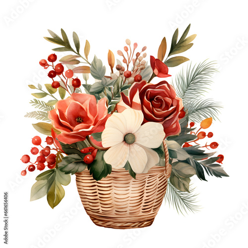 Cute watercolor Christmas flowers in basket  bouquet  floral  on white background  clip art  red  green  white  gold  greeting card  illustration