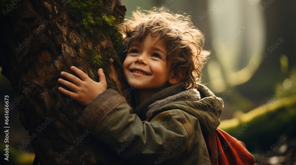 A child hugging a tree with environmental awareness for a sustainable and renewable ecosystem